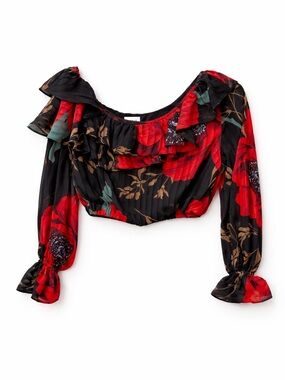 LINI Red Floral Marianna One-Shoulder Crop Top Ruffle Sleeve